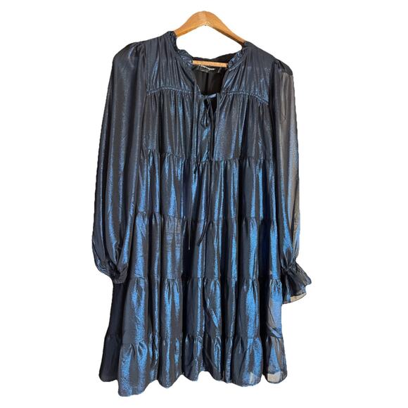Code x Mode Metallic‎ Blue Tiered Dress Loose Fit Long Sleeve Size S Fairy - Picture 1 of 7